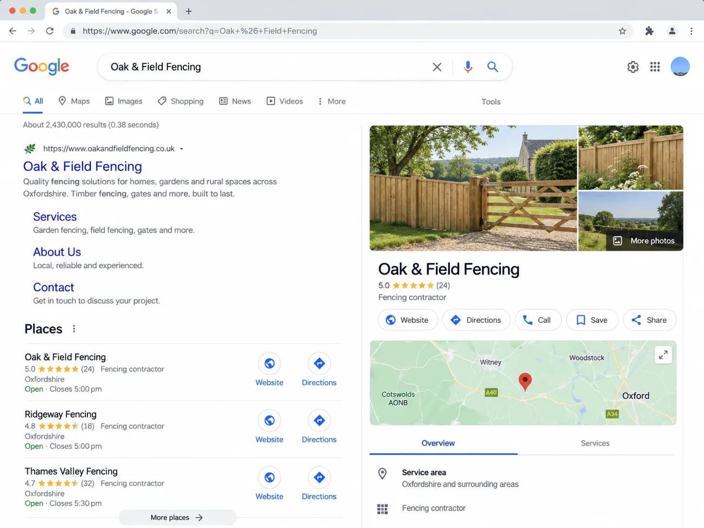 Oak and Field Fencing shown in a local Google search and business profile