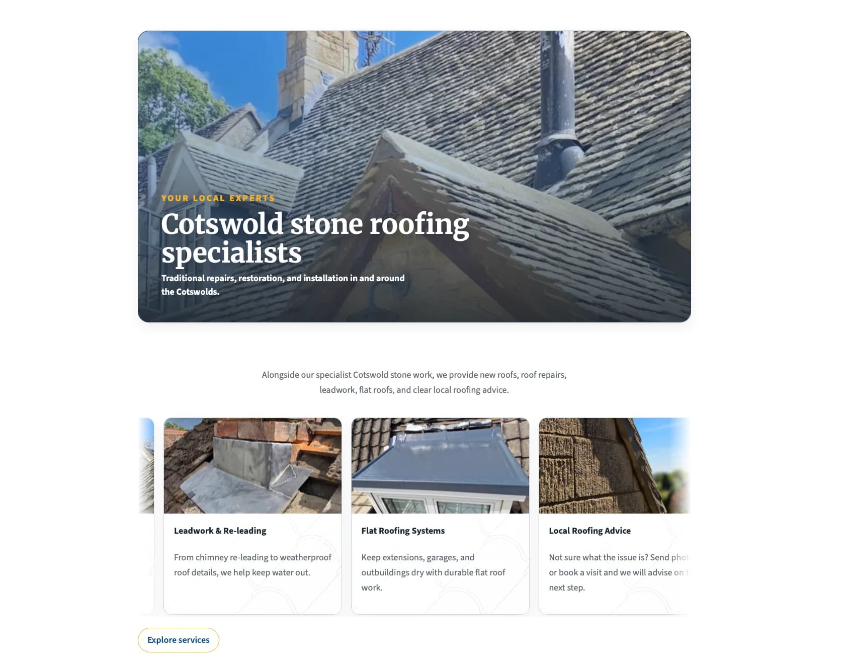 LS Roofing website showing a clear local service proposition and service cards