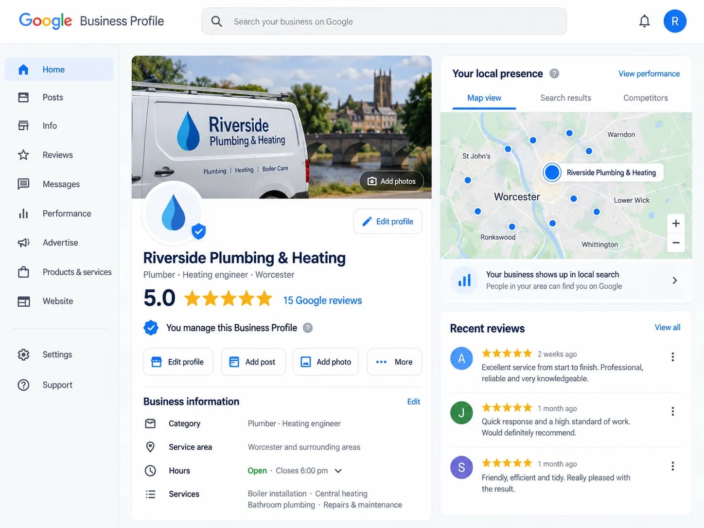 A managed Google Business Profile showing local search visibility and five-star reviews
