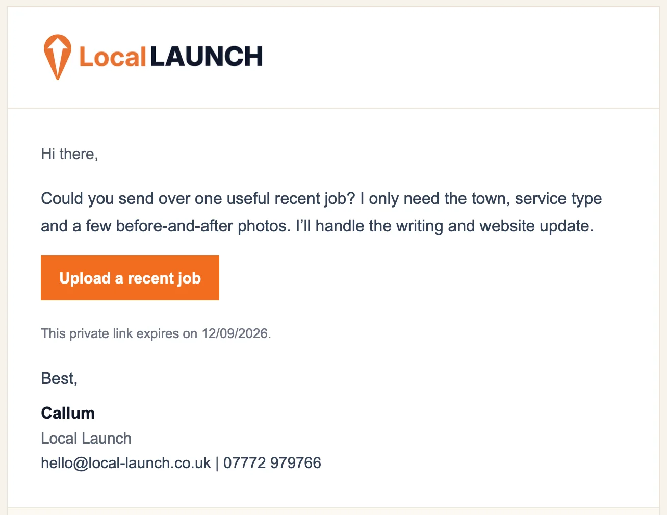 A Local Launch email requesting recent job details and photos for a website update