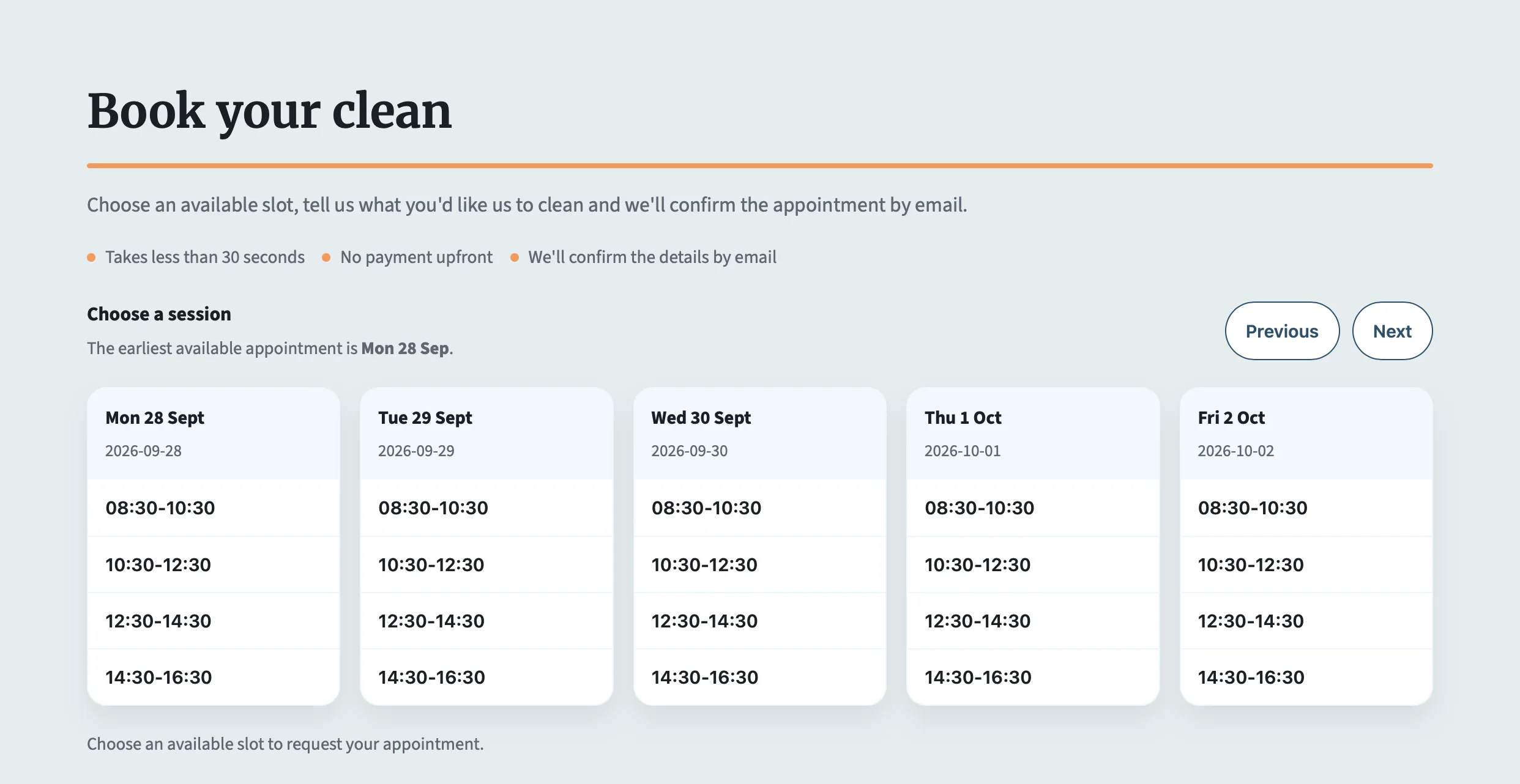 An online booking system with available dates and appointment times